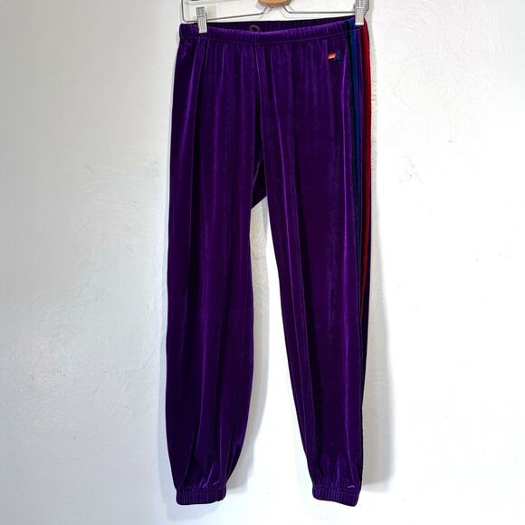 AVIATOR NATION 5 Stripe Velour Velvet Sweatpants in Purple Size S - Picture 4 of 14